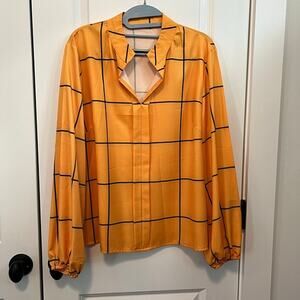 Shein Notch Neck Blouse Yellow w Black Geo Print Lines Size L